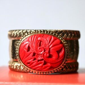 Barse Thailand Carved Faux Cinnabar Hammered Brass Cuff Bracelet